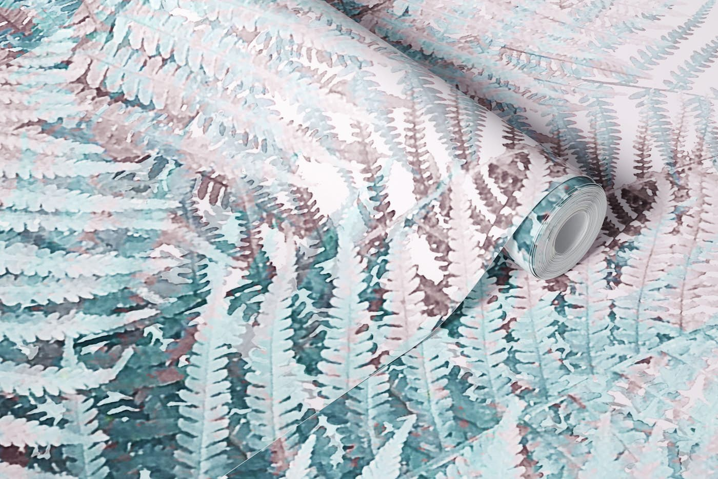 Soft Fern Foliage Duotone in aqua on blush wallpaper roll