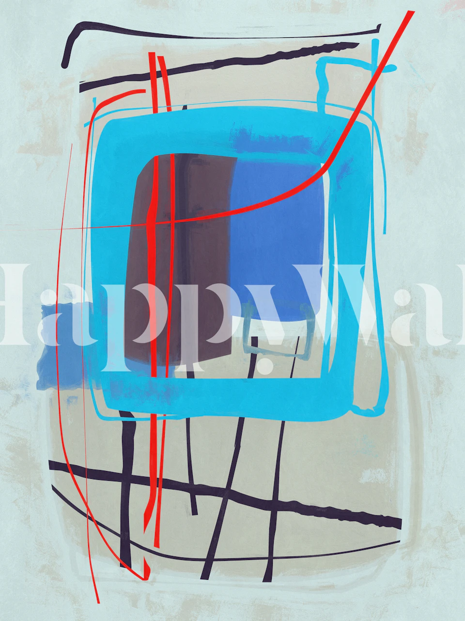 Abstract shapes in blue, red, and beige on wallpaper