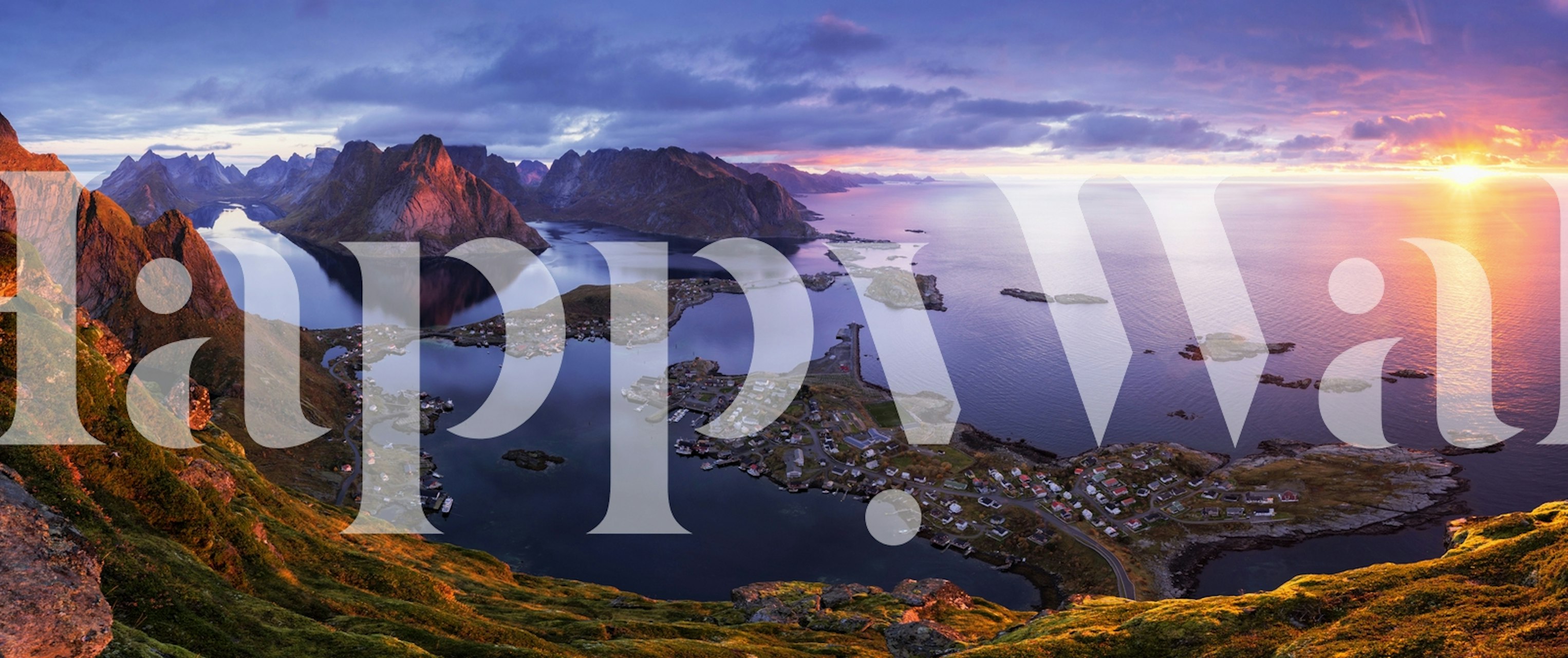 Vibrant Lofoten sunrise landscape wall mural featuring mountains and water