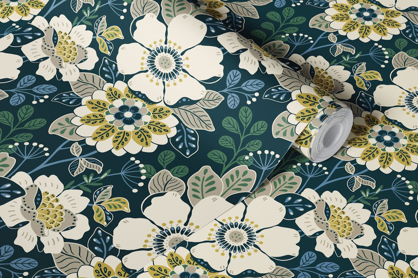 Moody Rustic Floral Fall - green wallpaper roll