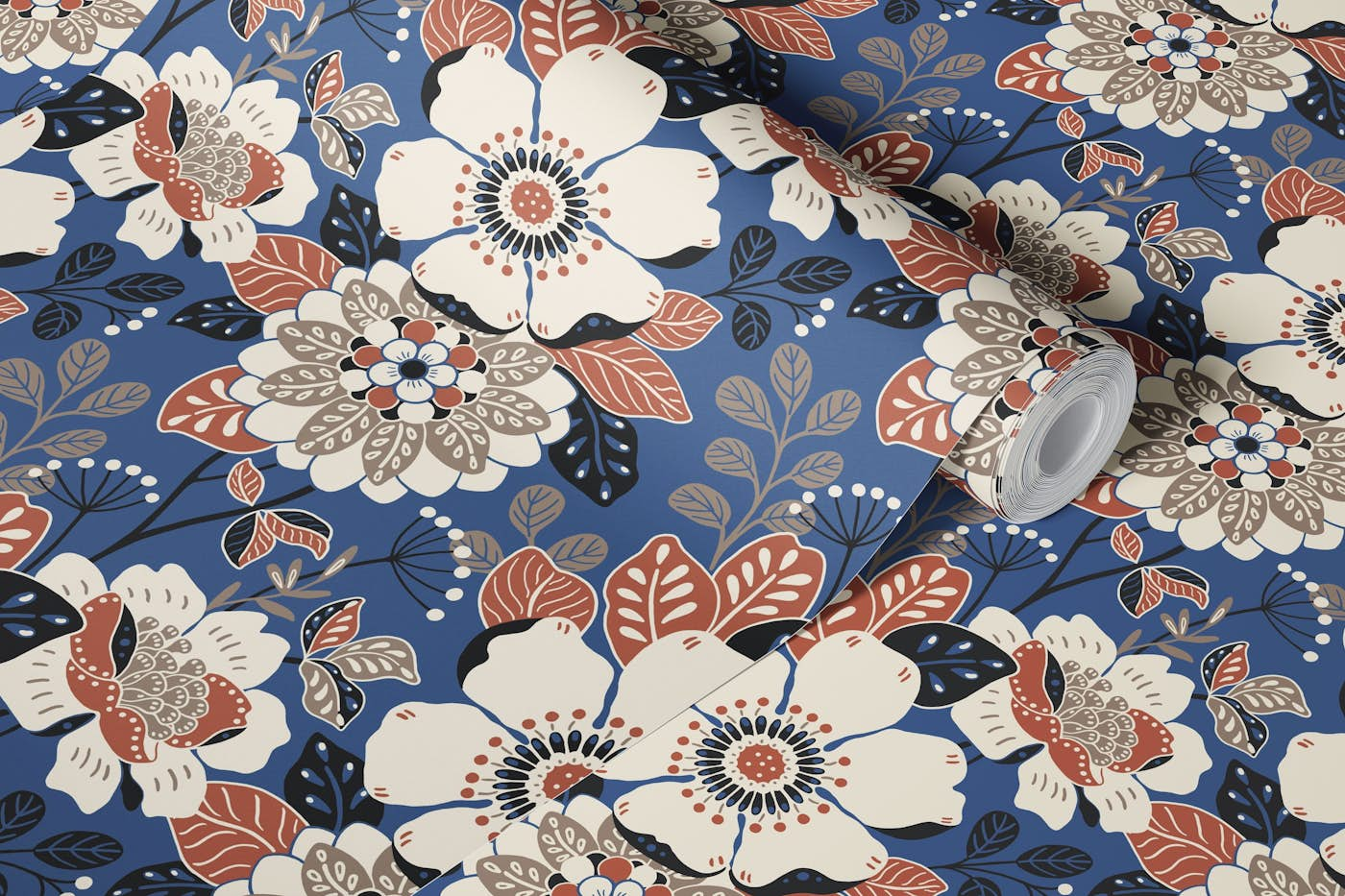 Moody Rustic Floral Fall - blue wallpaper roll