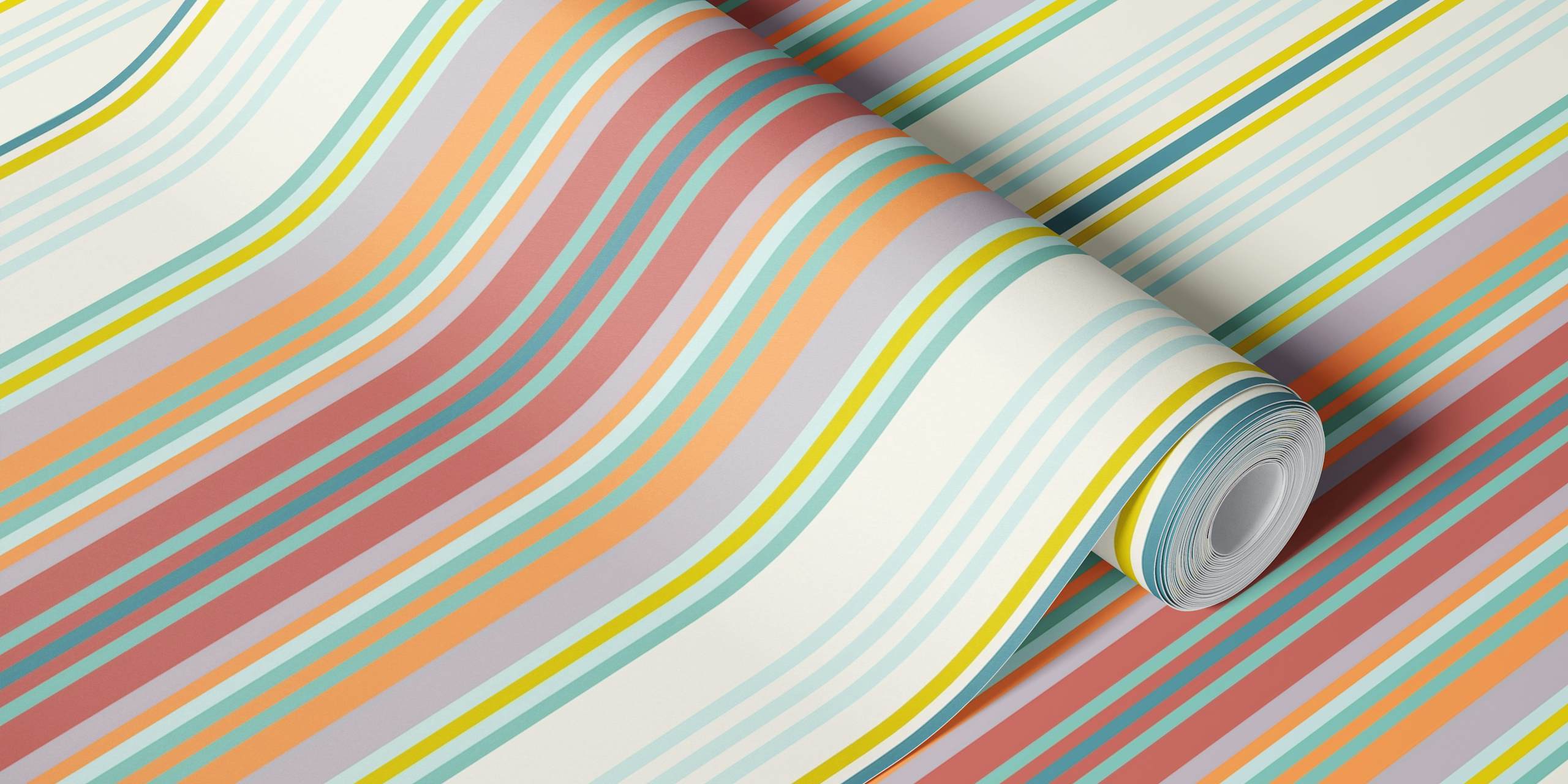 Retro-inspirert 70-talls stripete tapet i blått, med sennep og nøytrale toner, som viser ånden fra 1970-tallet.