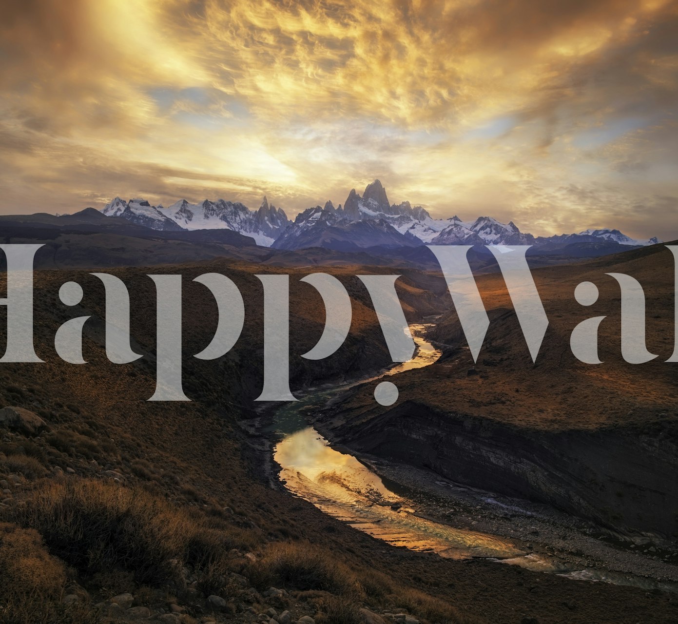 Mountain river landscape at sunset with golden and blue hues wallpaper