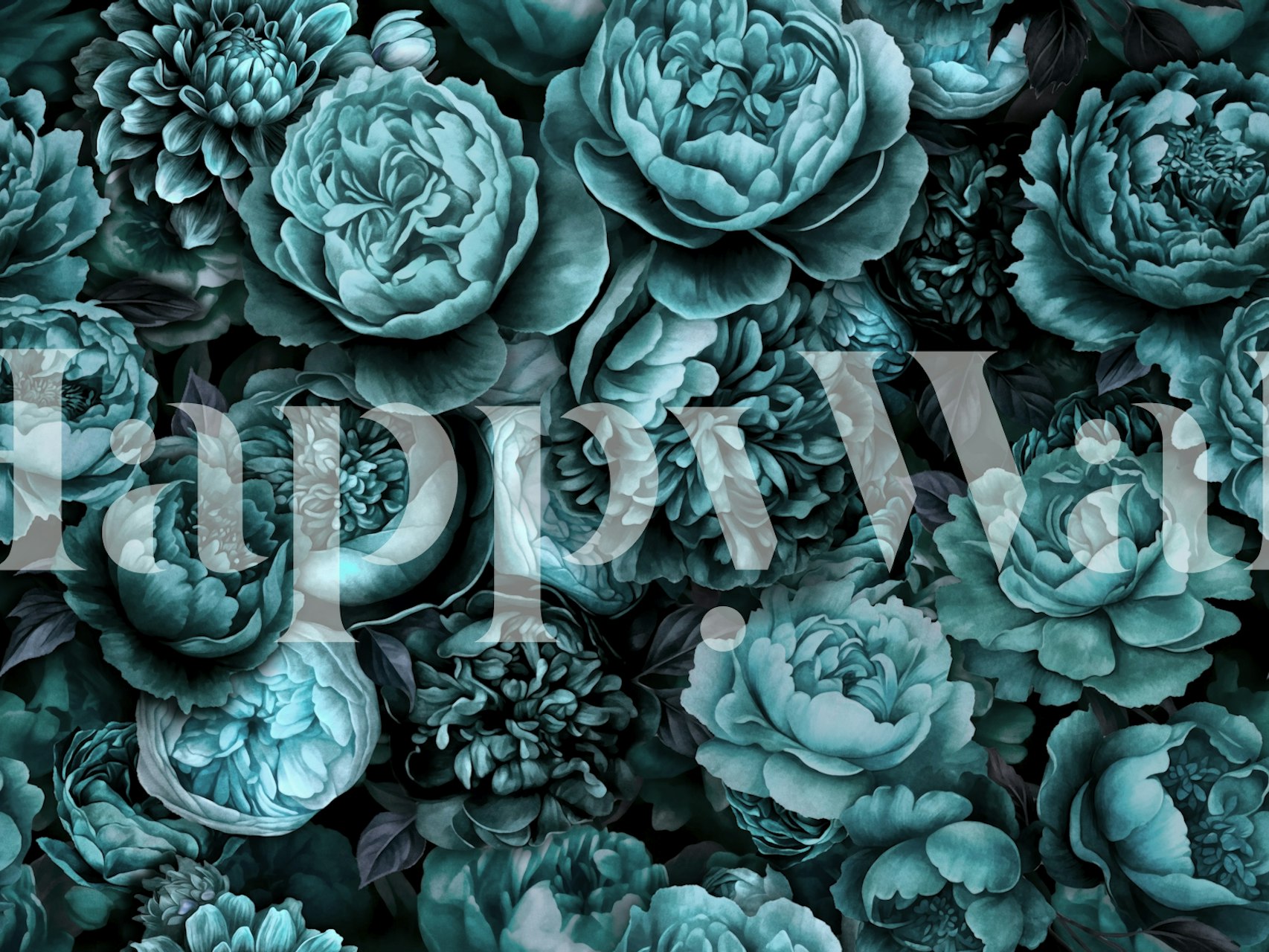 Detailed teal floral patterns on dark wallpaper