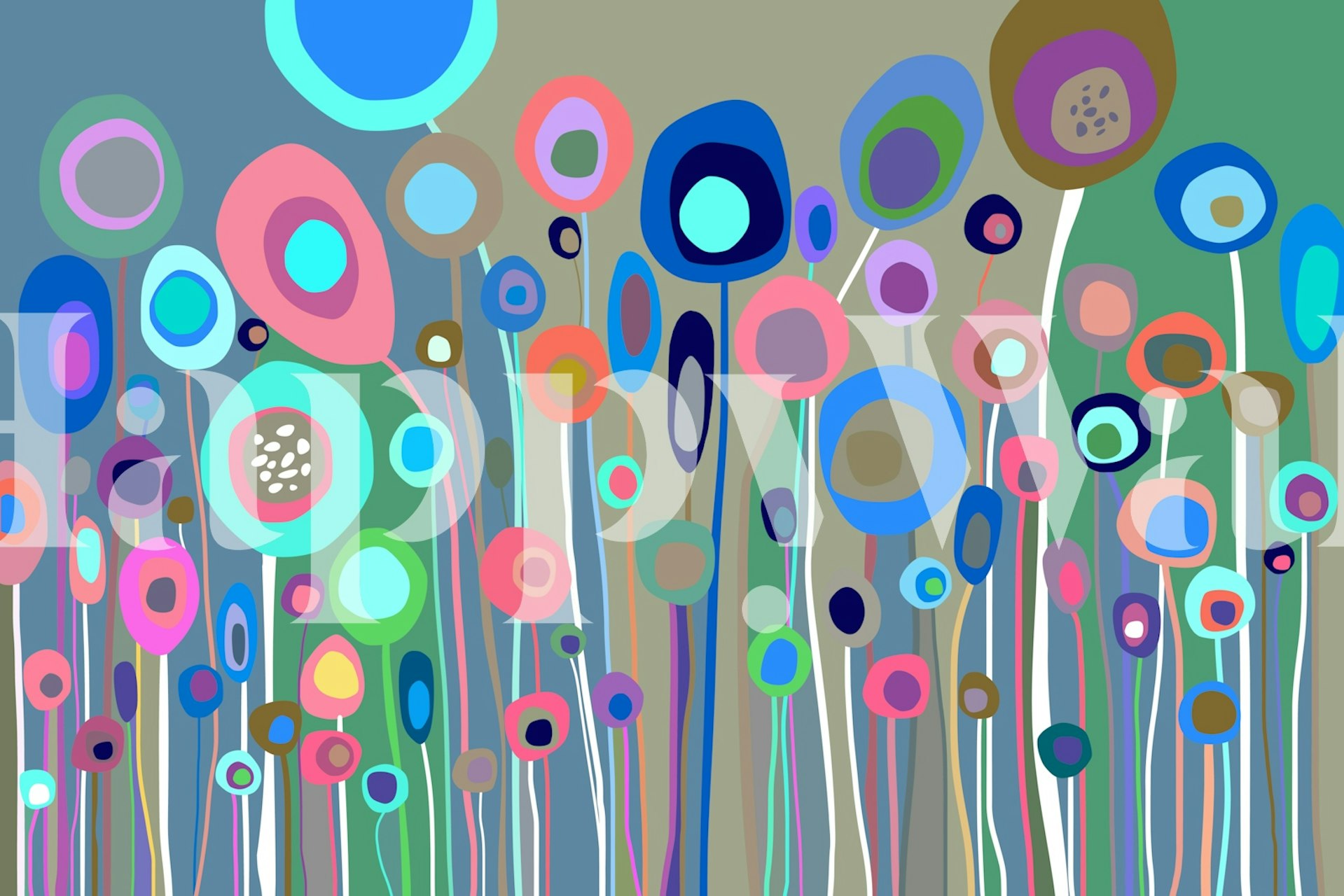 Abstract bloemenbehang met kleurrijke, grillige bloemen op een gedempte achtergrond