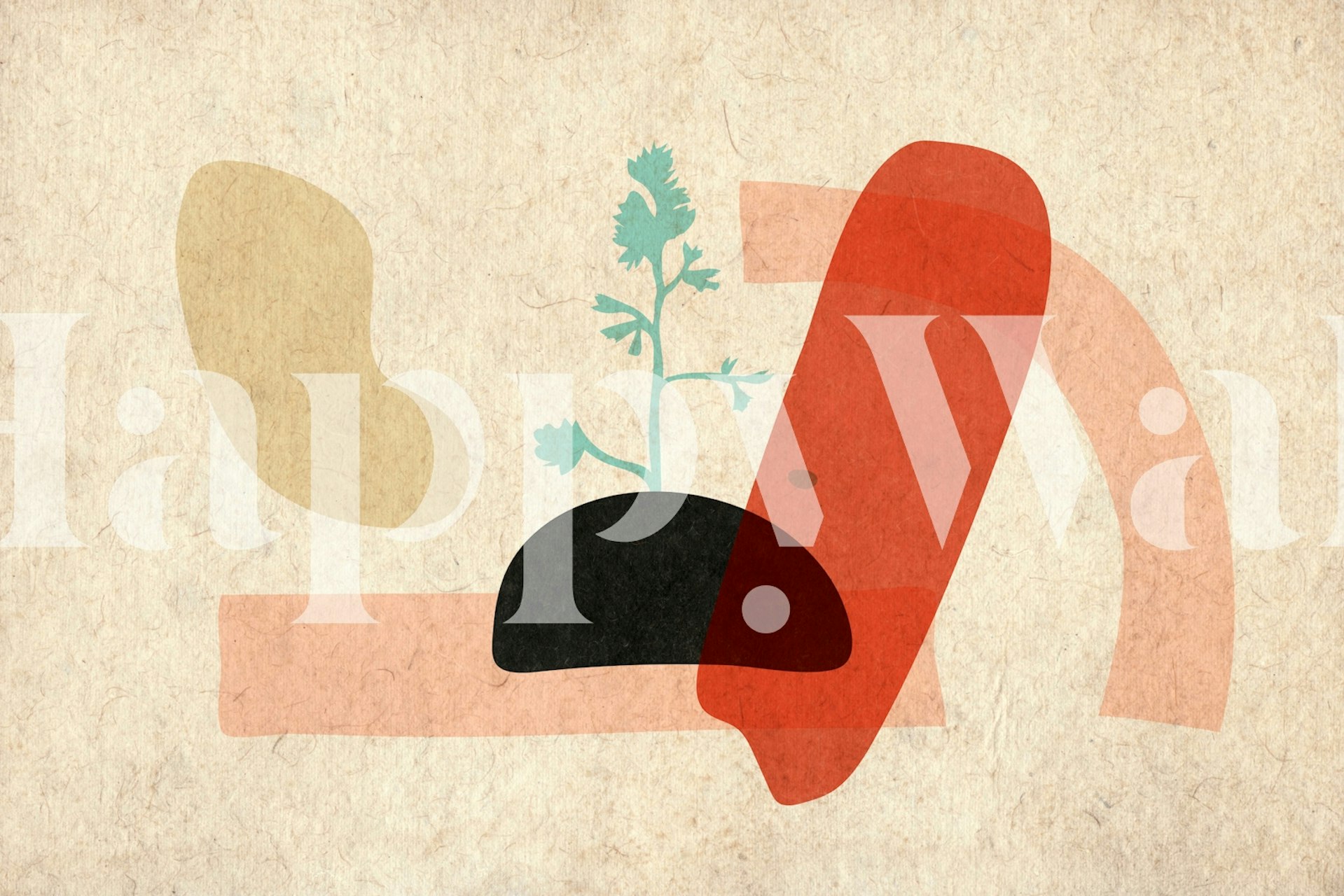 Organic shapes in earthy tones with green plant accents wallpaper