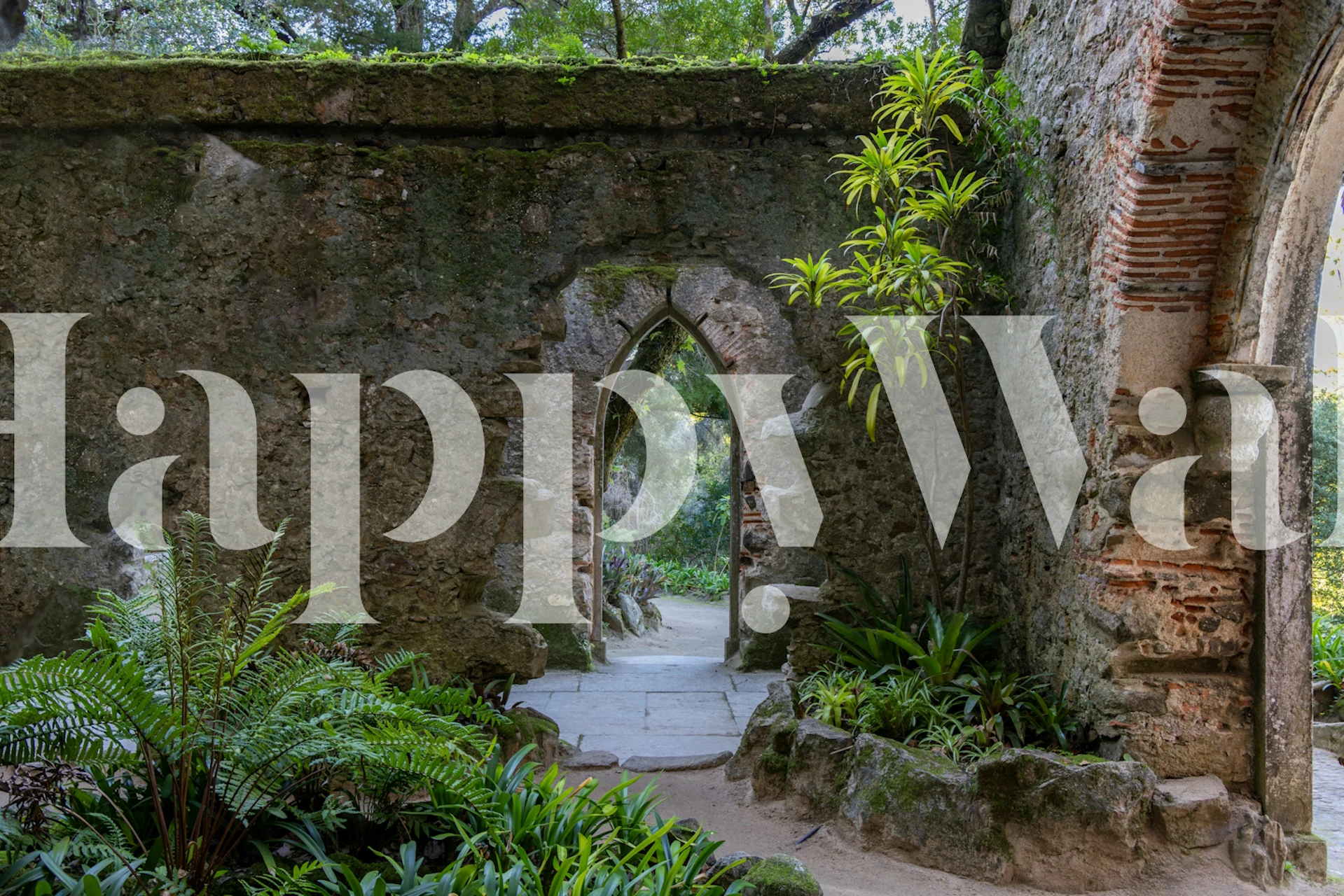 Ancient chapel overgrown with lush foliage wall mural