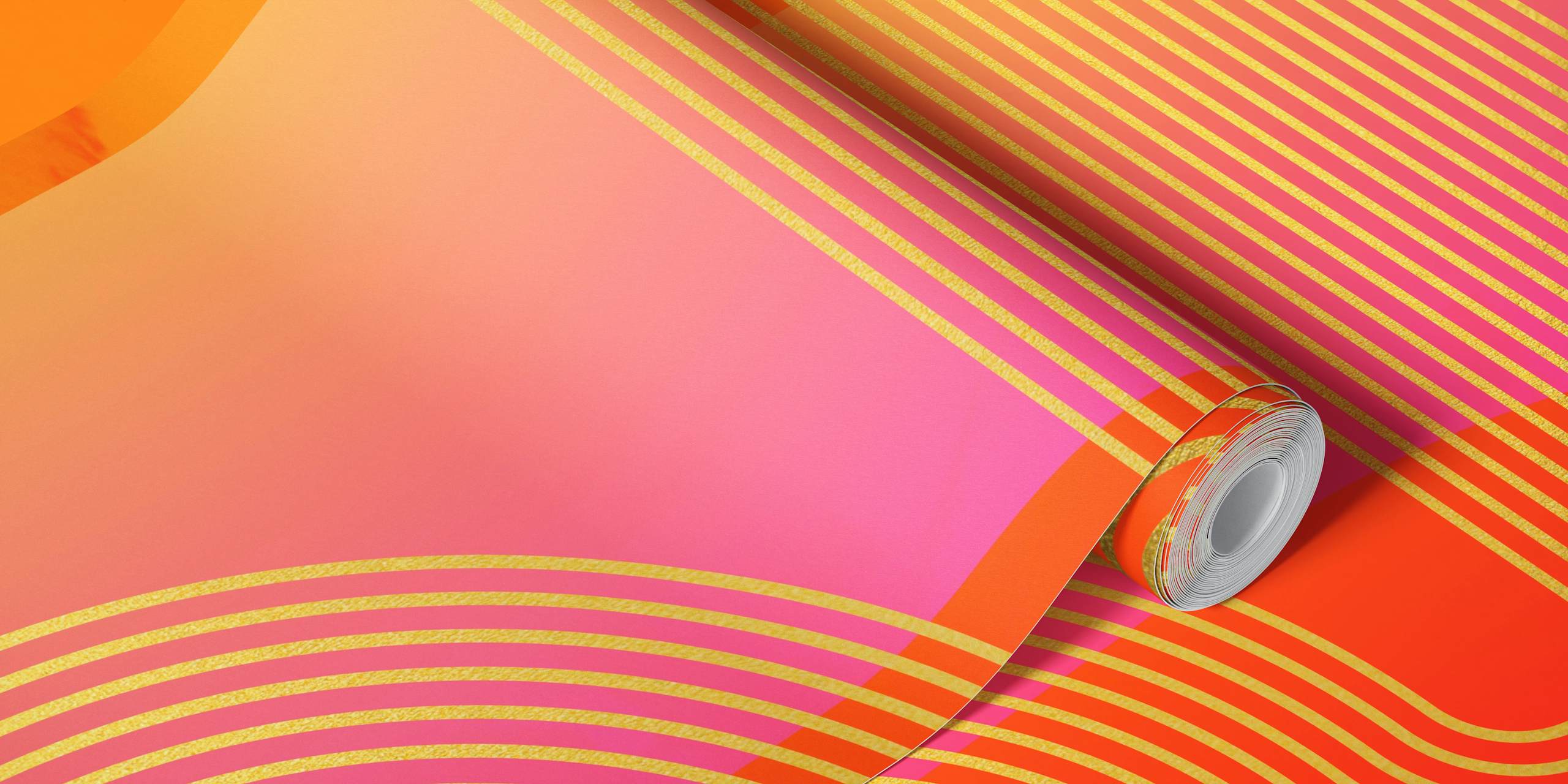 Retro-Wandbild im 70er-Jahre-Stil mit geschwungenen kosmischen Mustern in Orange, Pink, Gelb und Indigo