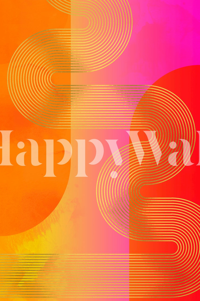 Fototapeta inspirovaná retro 70. léty s křivkovými vesmírnými vzory v oranžové, růžové, žluté a indigové