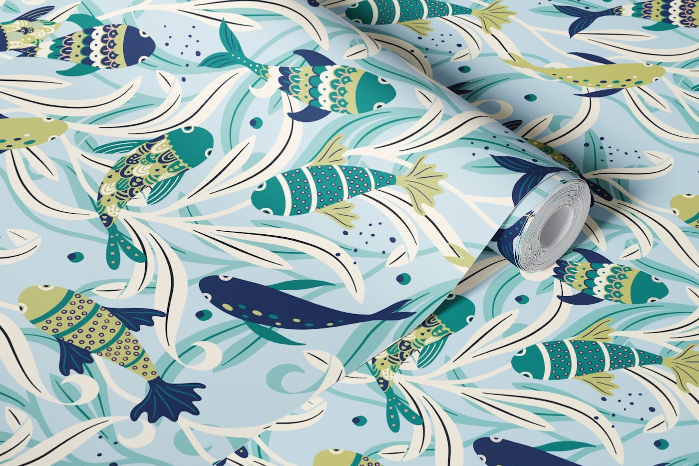 coastal chic fish blue green offwhite wallpaper roll