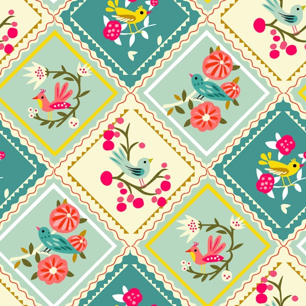 birds on blooming twigs in diamonds