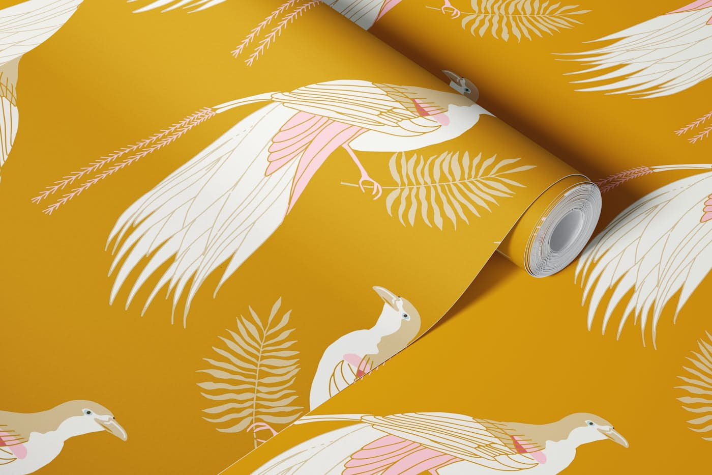 Bird of paradise on ocher wallpaper roll