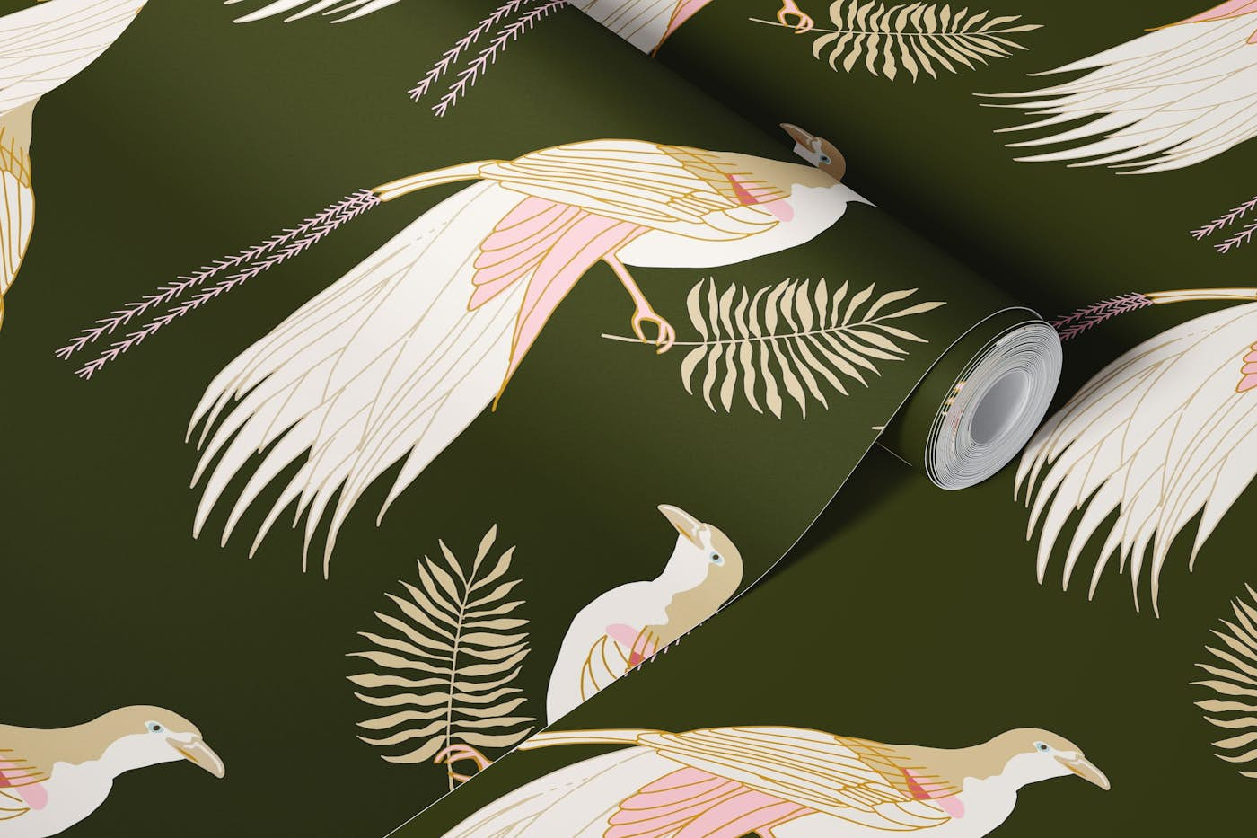 birds of paradise on dark green wallpaper roll