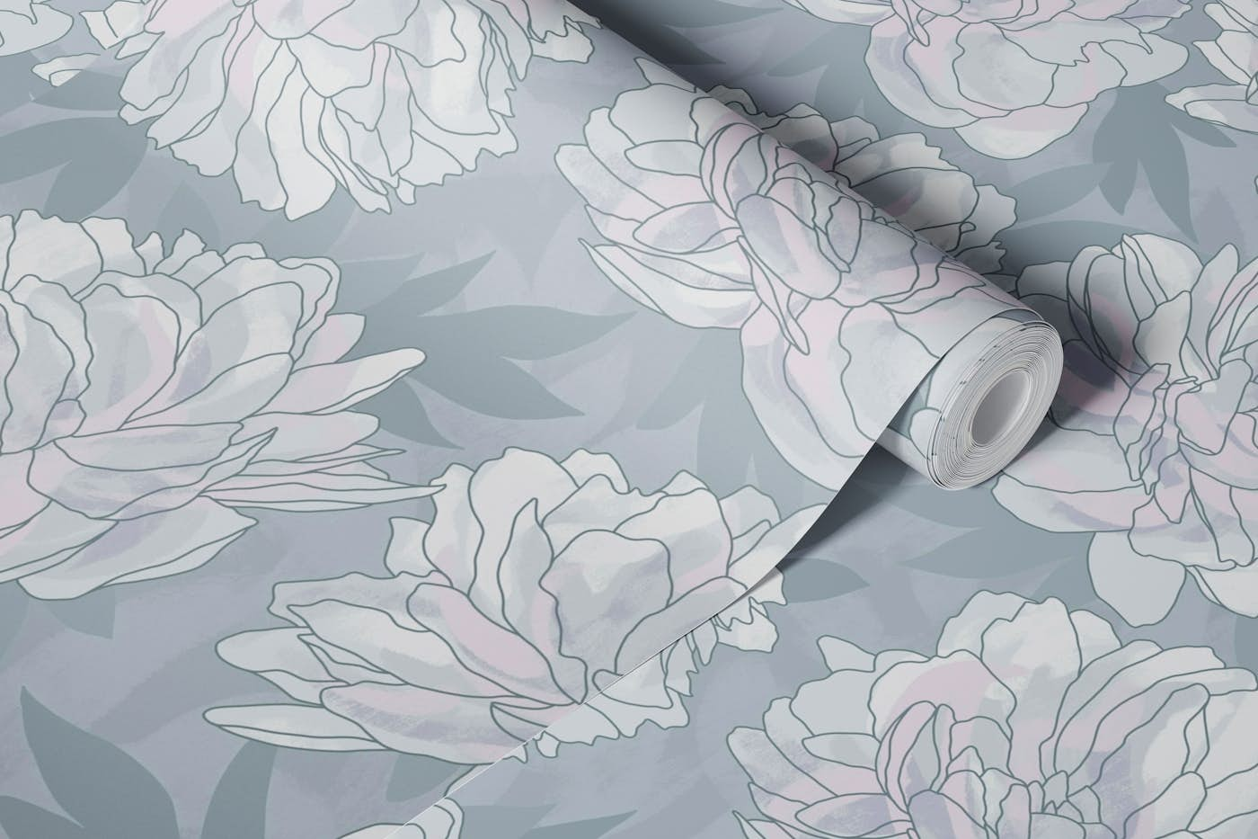 peonies - dusty blue wallpaper roll