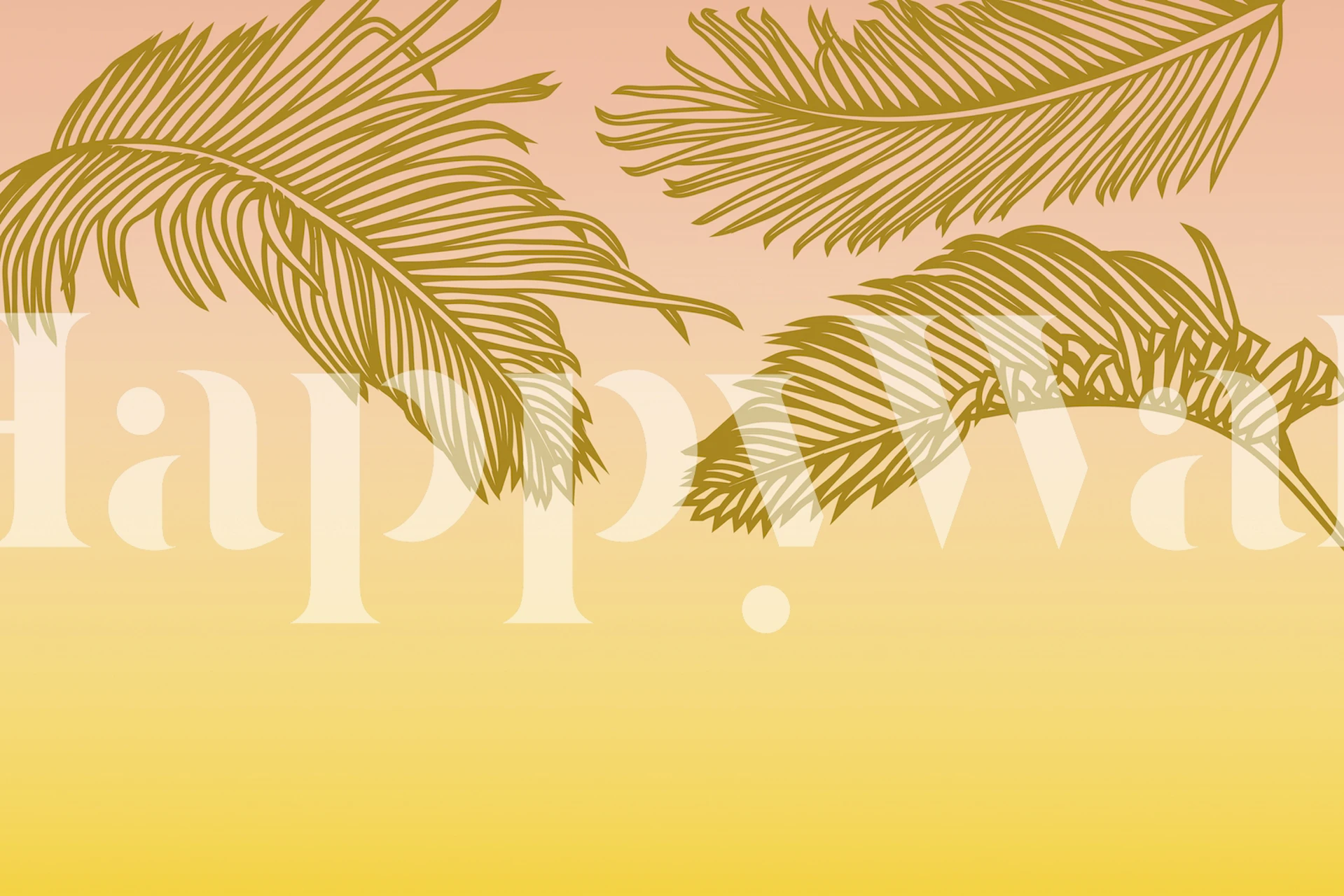 Tropical palm leaves silhouette against a sunrise ombre background of yellow to pink shades.