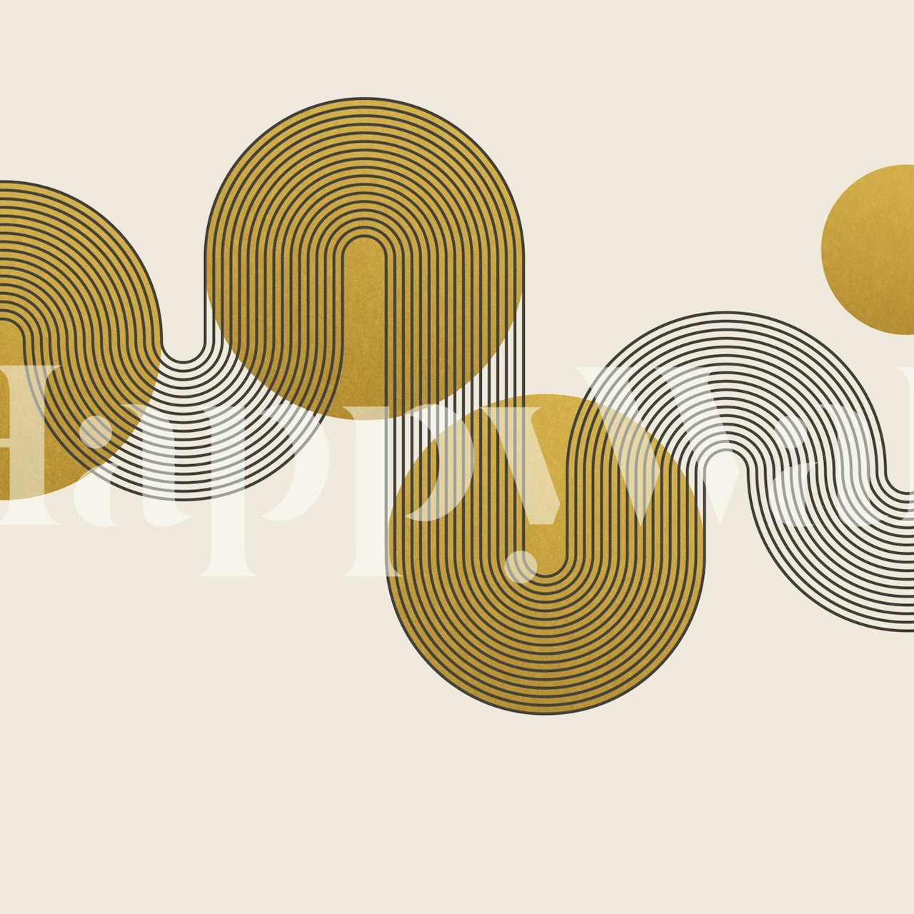 Curvy Bauhaus gold circles with black lines wallpaper