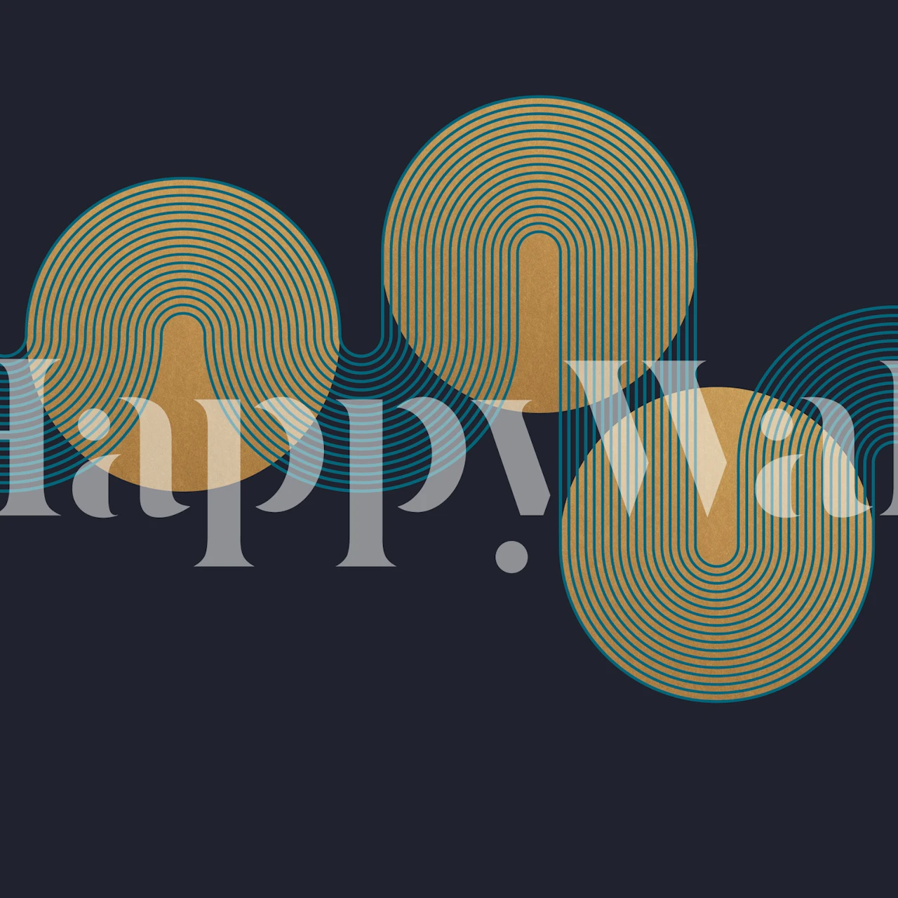 Bauhaus-inspired abstract wall mural with overlapping circles in golden and beige tones on a navy background