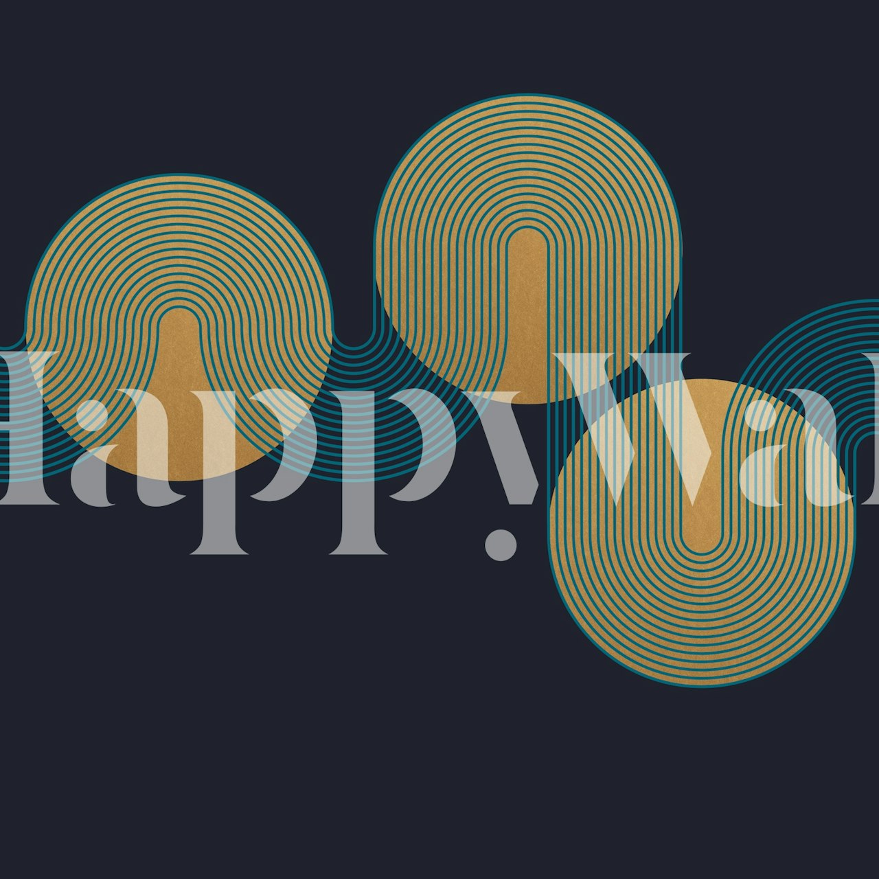 Bauhaus-inspired abstract wall mural with overlapping circles in golden and beige tones on a navy background