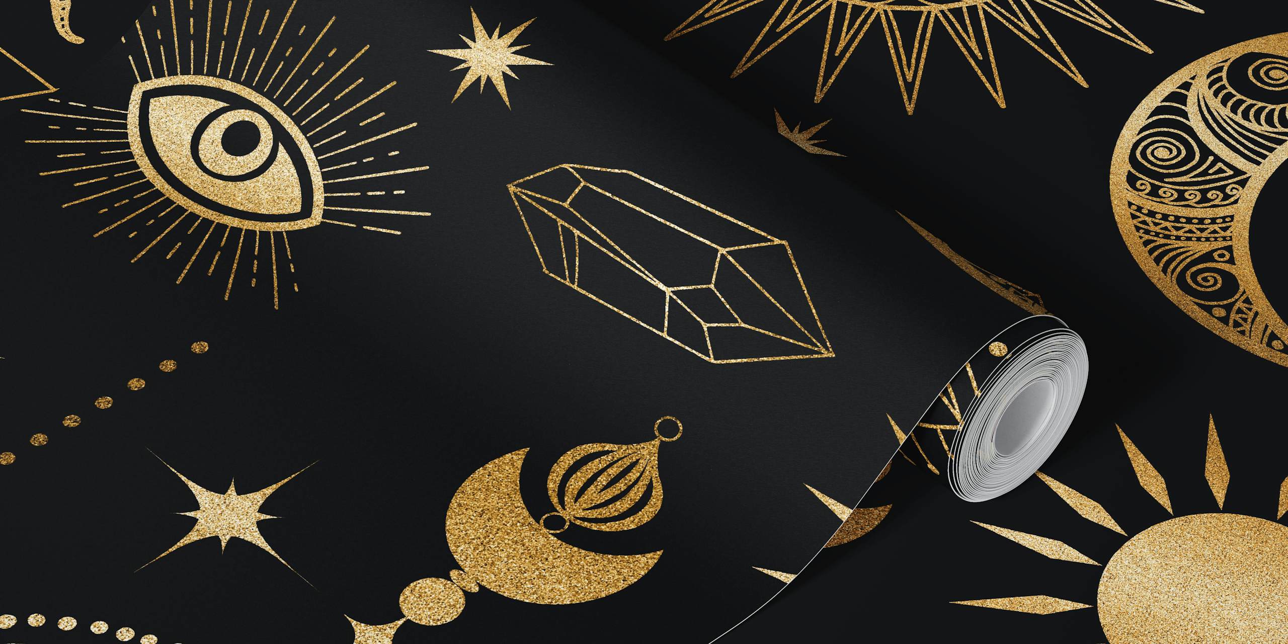 Celestial gold symbols, stars, and moons on black wallpaper