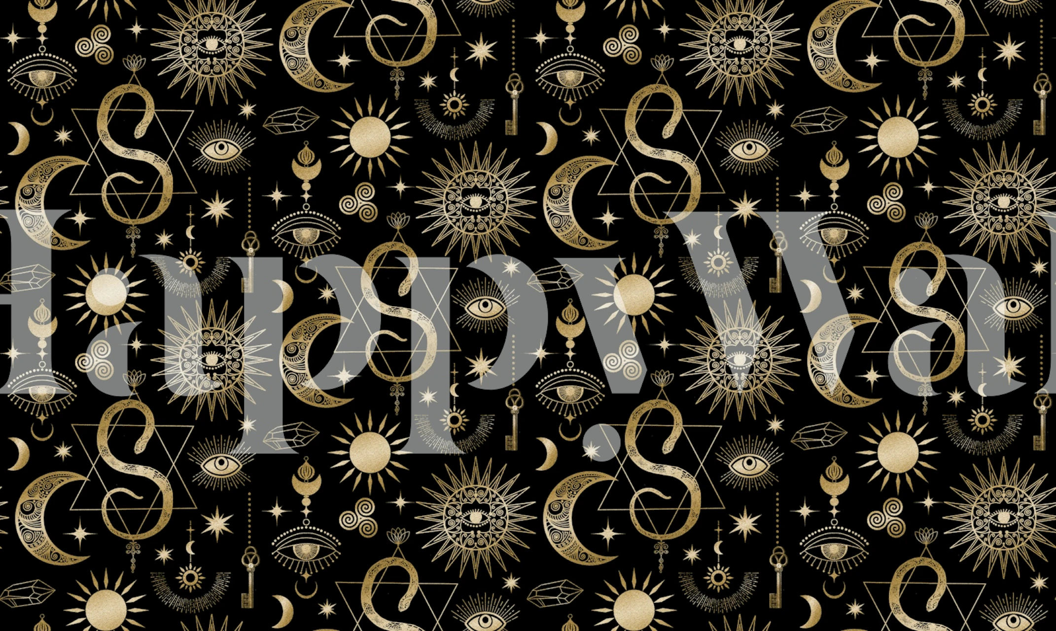 Celestial gold symbols, stars, and moons on black wallpaper