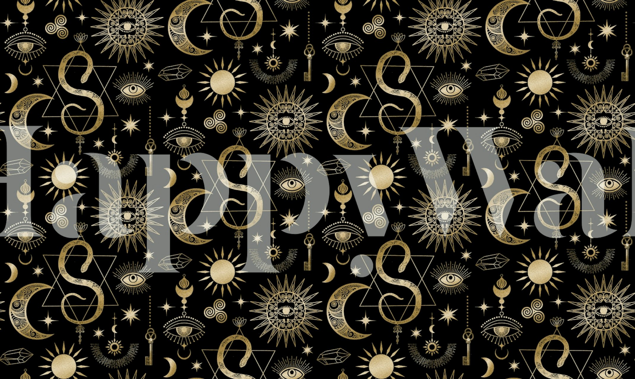 Celestial gold symbols, stars, and moons on black wallpaper