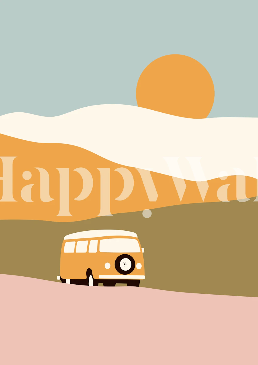A retro van traveling on pink land under a sun with soft hills in pastel colors wallpaper