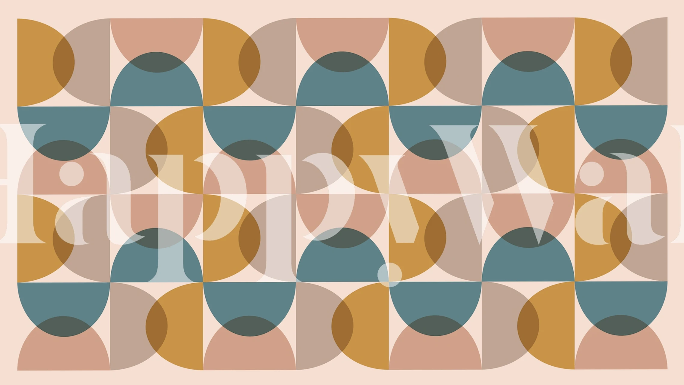 Geometrische abstracte muurschildering uit de jaren 50 in groenblauw, goud en blozen