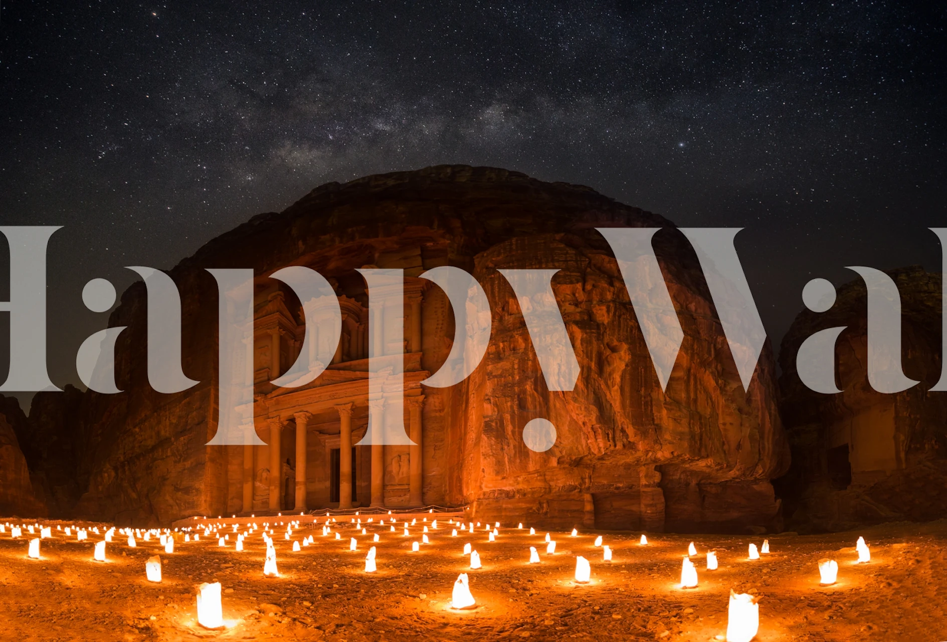 Mural de parede Petra by Night com Al Khazneh à luz de velas sob um céu estrelado