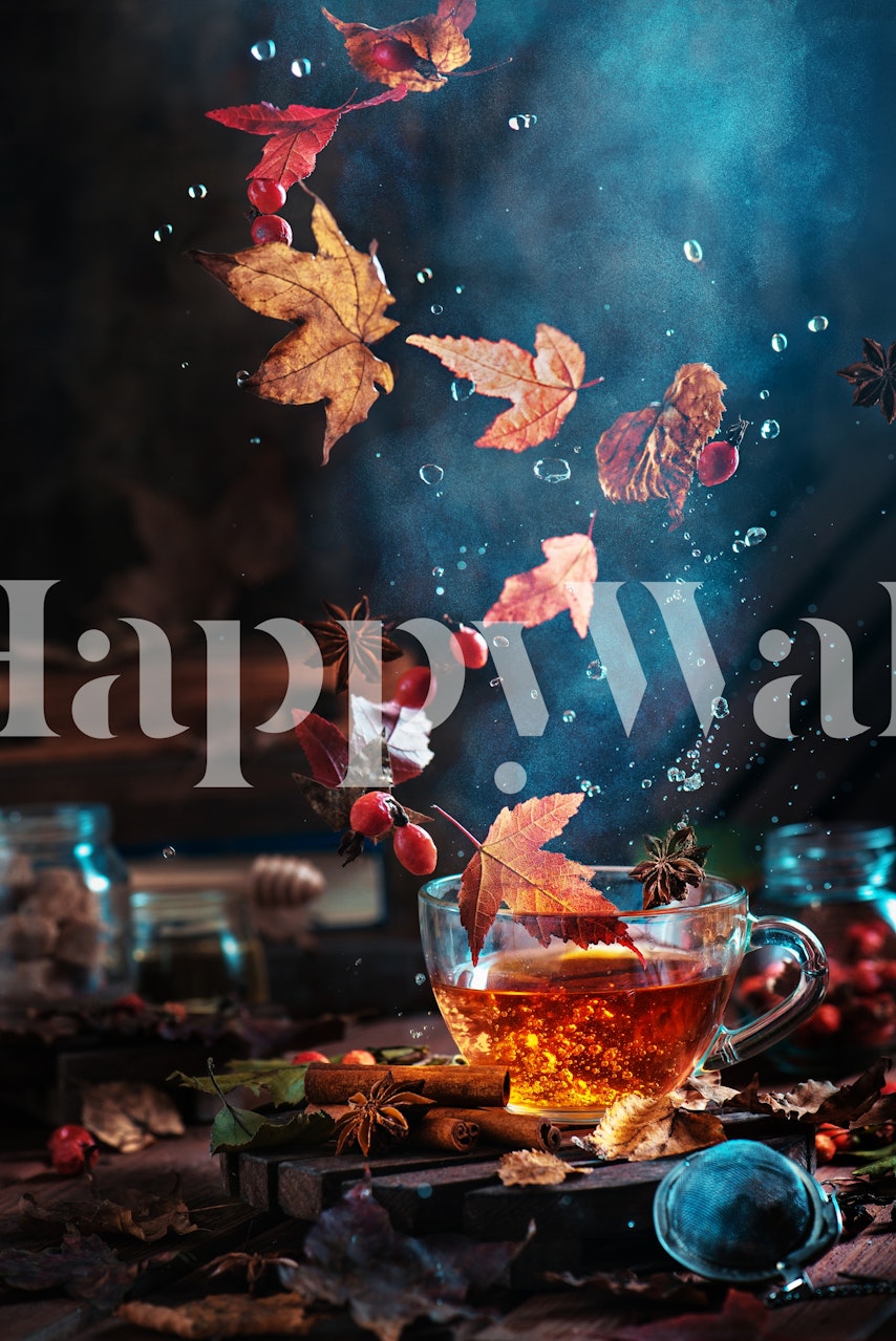 Autumn-themed wallpaper with tea and leaves