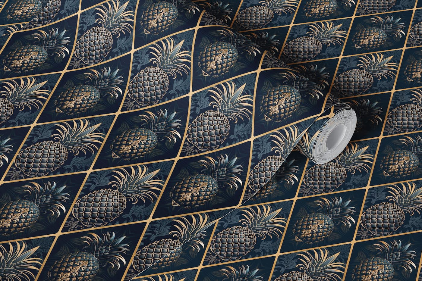 Art Deco Design Pineapple Ornament Blue Gold wallpaper roll