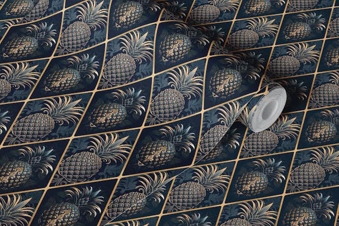 Art Deco Design Pineapple Ornament Blue Goldwallpaper roll