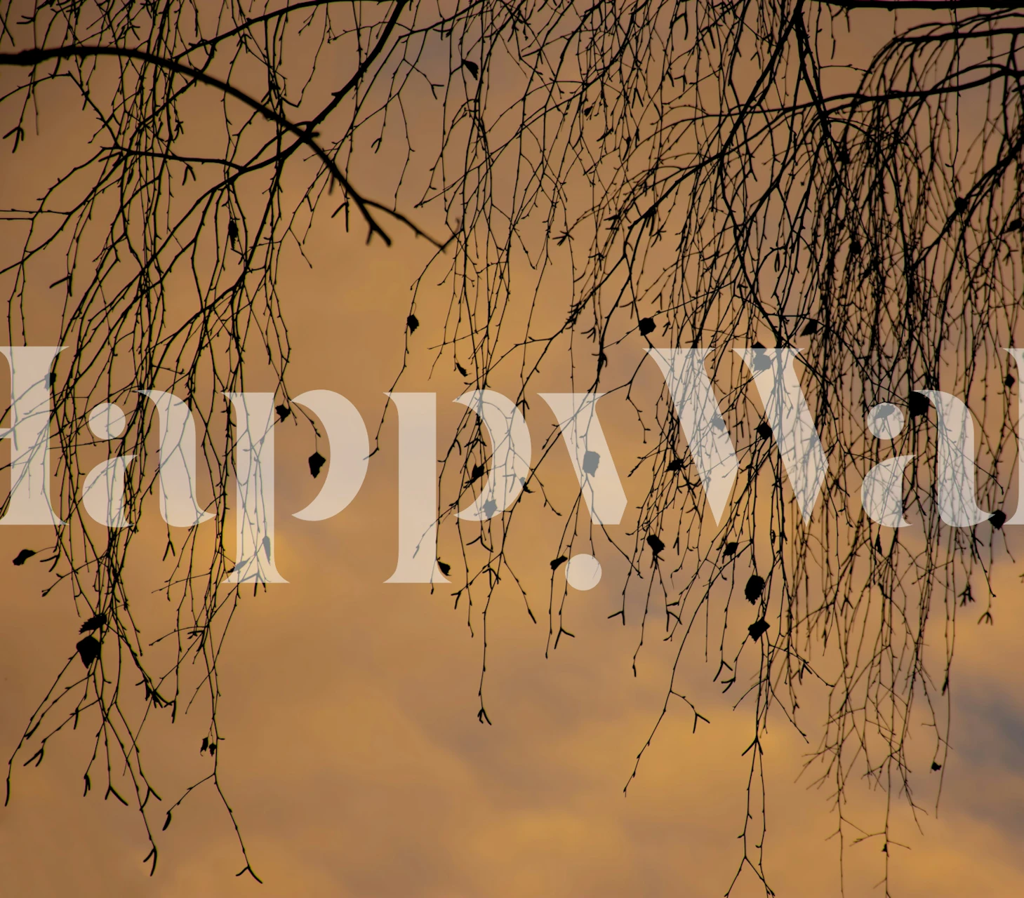 Mural de ramas de árboles recortadas contra un cielo dorado