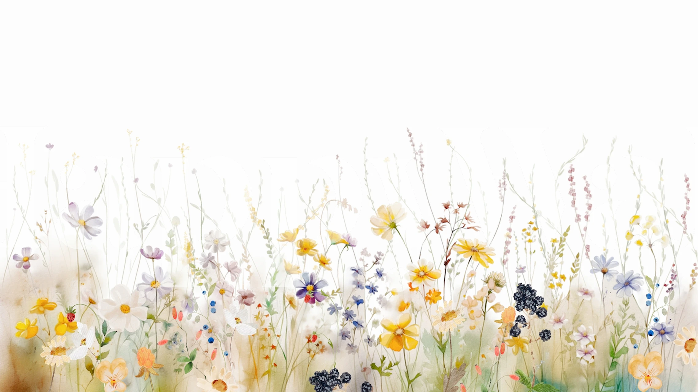 Soft hues of yellow, purple, and white wildflowers on a Enchanting Wildflower Midsummer Meadow wall mural.