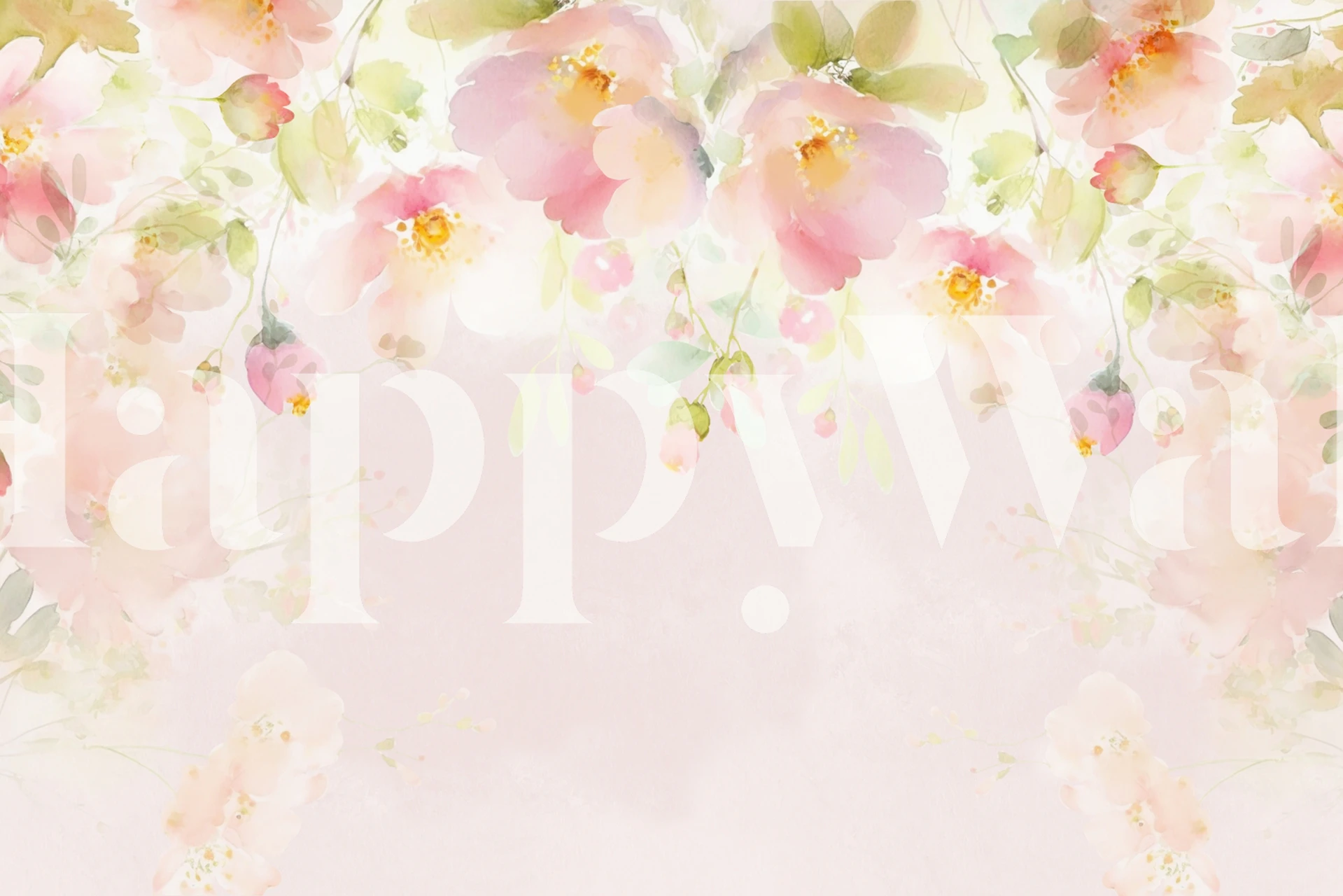 Pastel forårsblomster i en have med bløde lyserøde, gule og grønne toner på en hvid baggrund