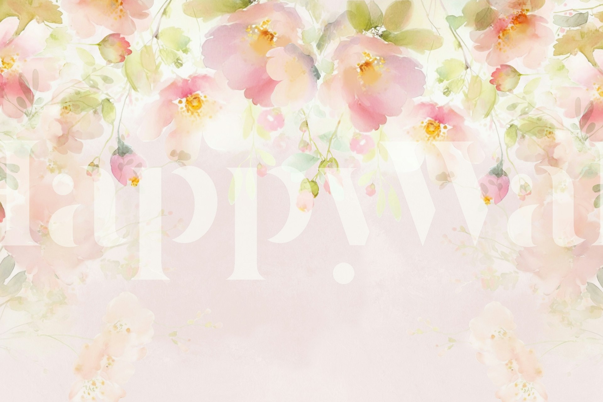 Pastellfarbene Frühlingsblumen in einem Garten mit zarten Rosa-, Gelb- und Grüntönen auf weißem Hintergrund