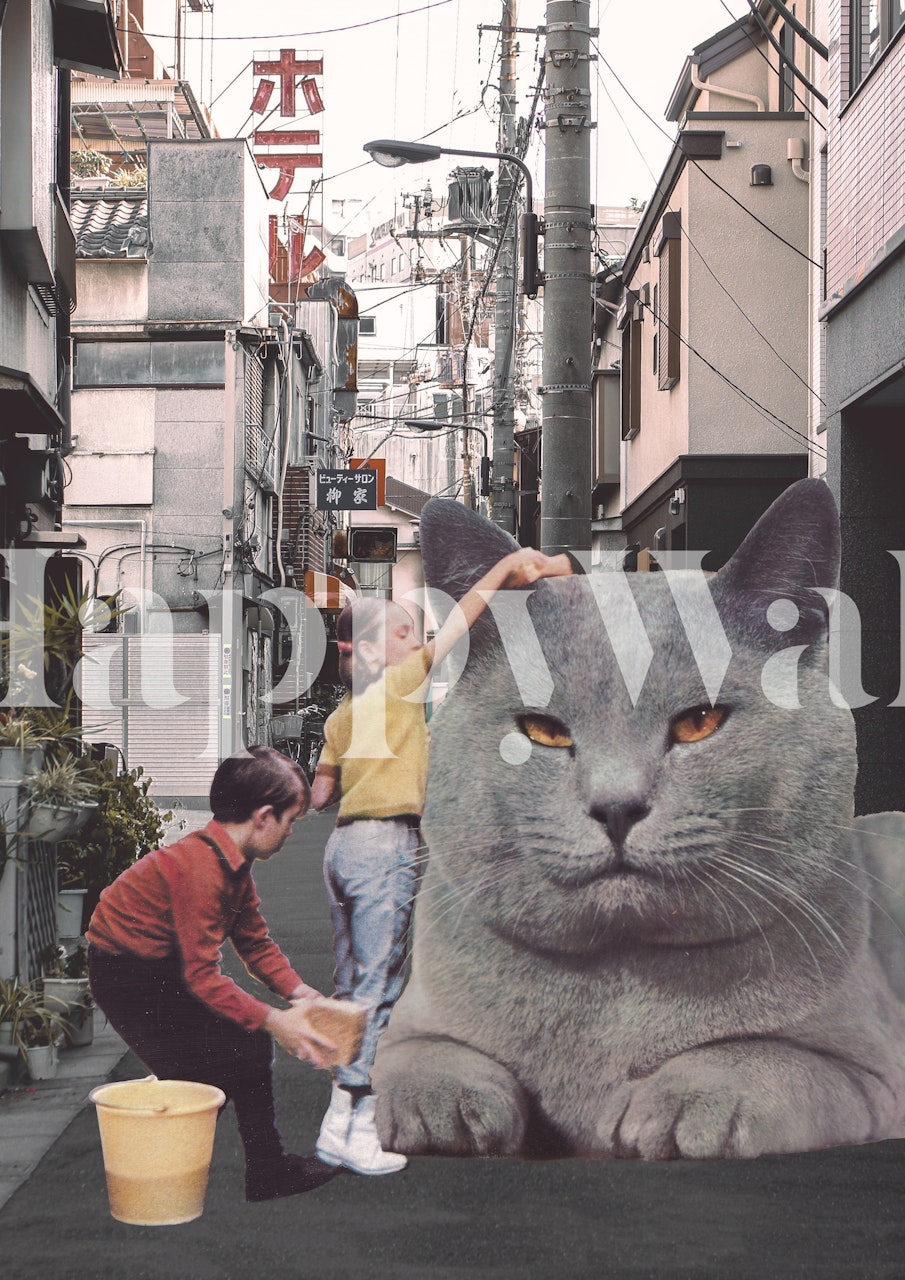 Murale con bambini e gatti giganti in una scena di strada a Tokyo