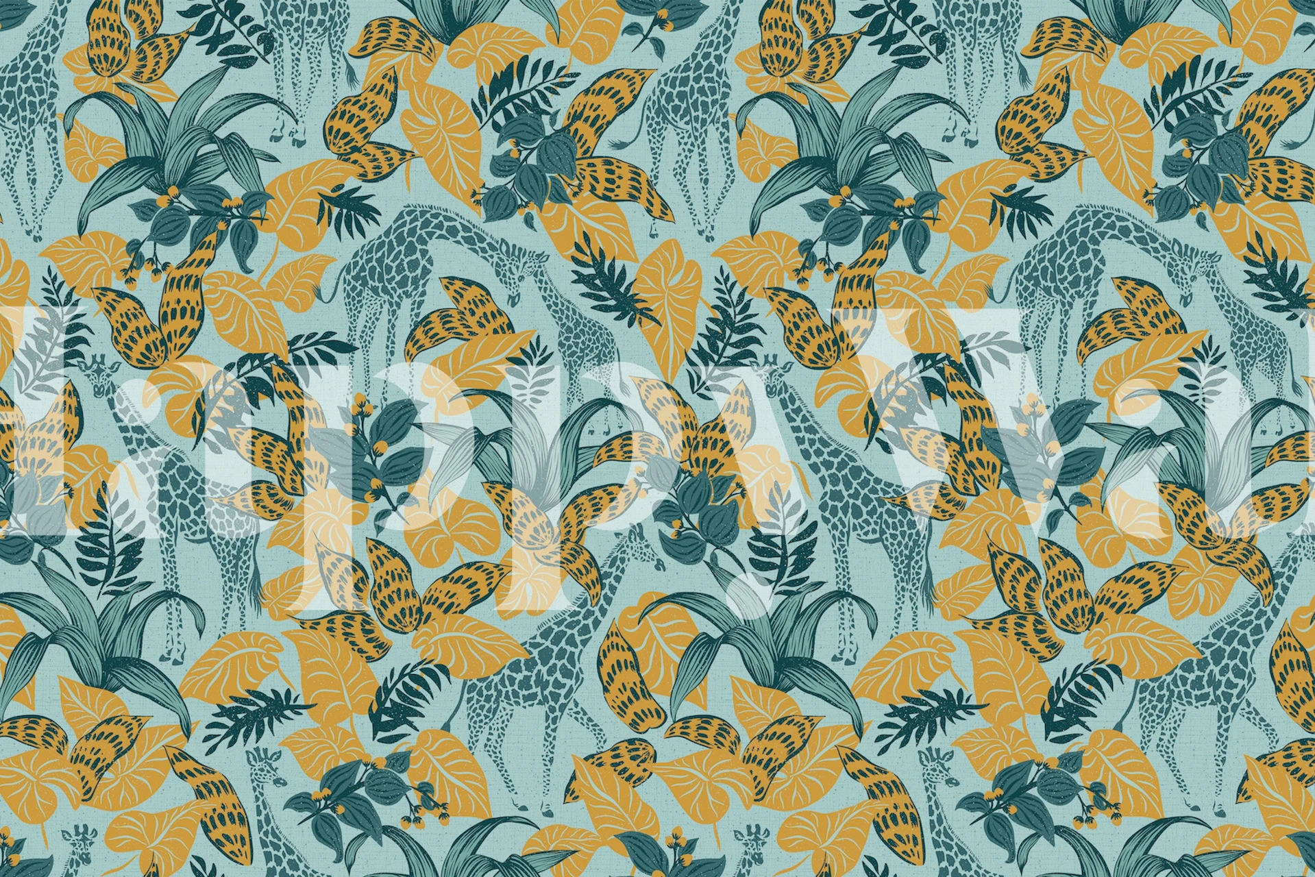 Tropical giraffe wallpaper featuring colorful plants and giraffes in shades of blue and yellow