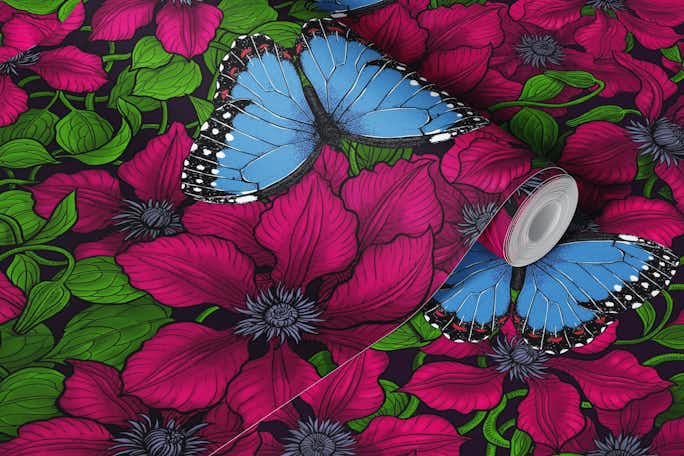 Red clematis and blue morpho butterflieswallpaper roll
