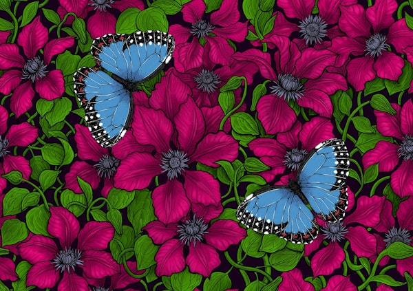 Red clematis and blue morpho butterflies