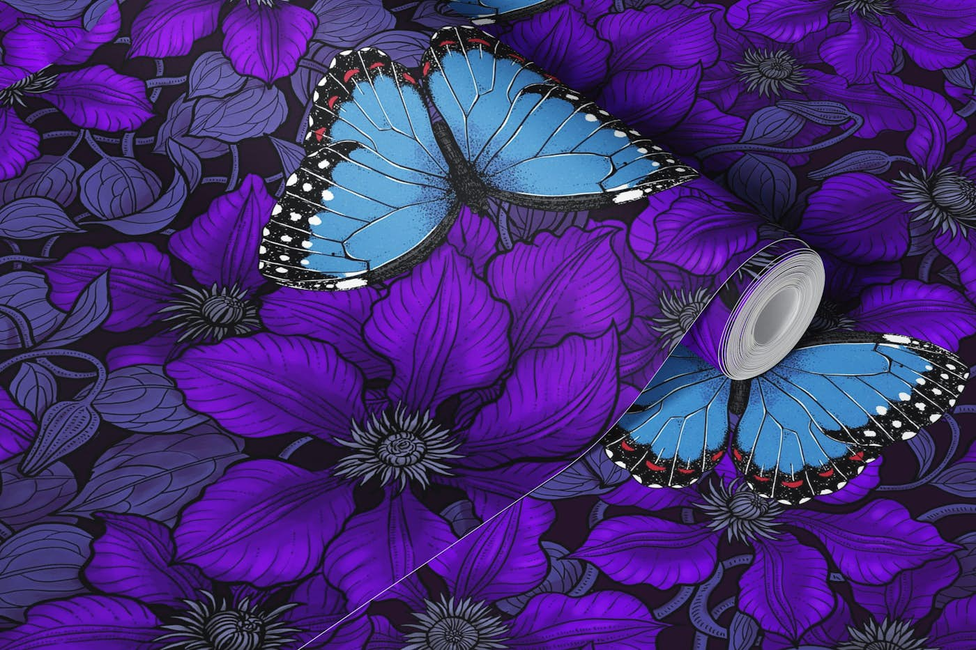 Purple clematis and blue morpho butterflies wallpaper roll