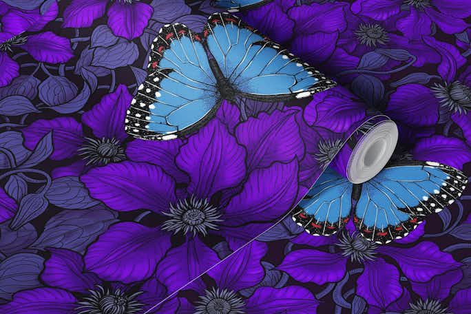 Purple clematis and blue morpho butterflieswallpaper roll