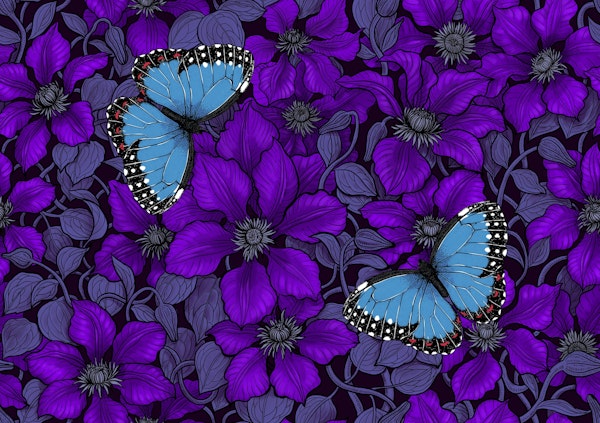 Purple clematis and blue morpho butterflies