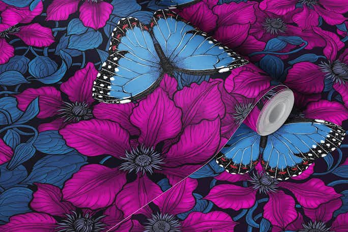 Pink clematis аnd blue morpho butterflieswallpaper roll