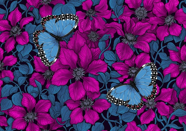 Pink clematis аnd blue morpho butterflies