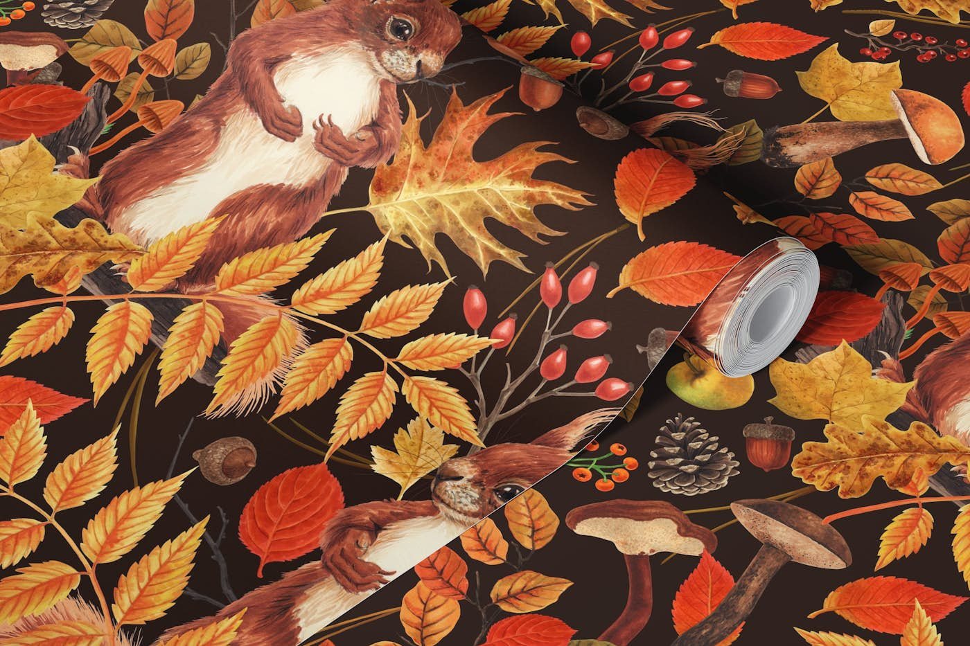 Autumnal squirrels and flora on dark brown wallpaper roll