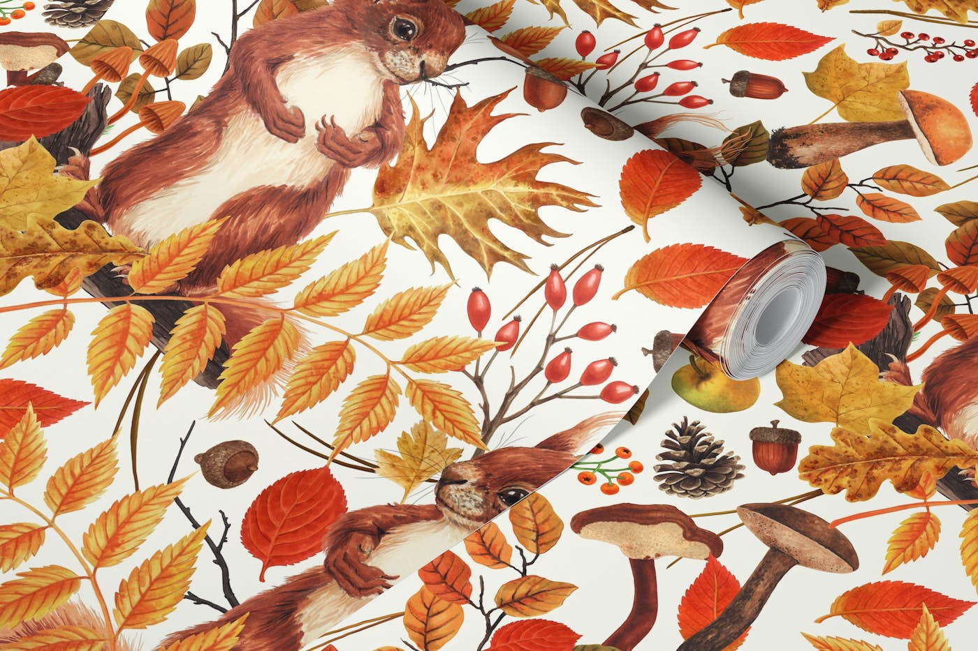 Autumn squirrels flora on off white wallpaper roll