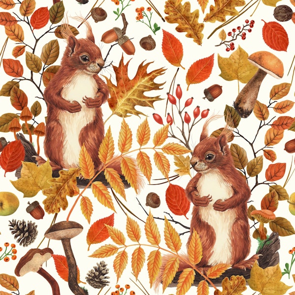 Autumn squirrels flora on off white