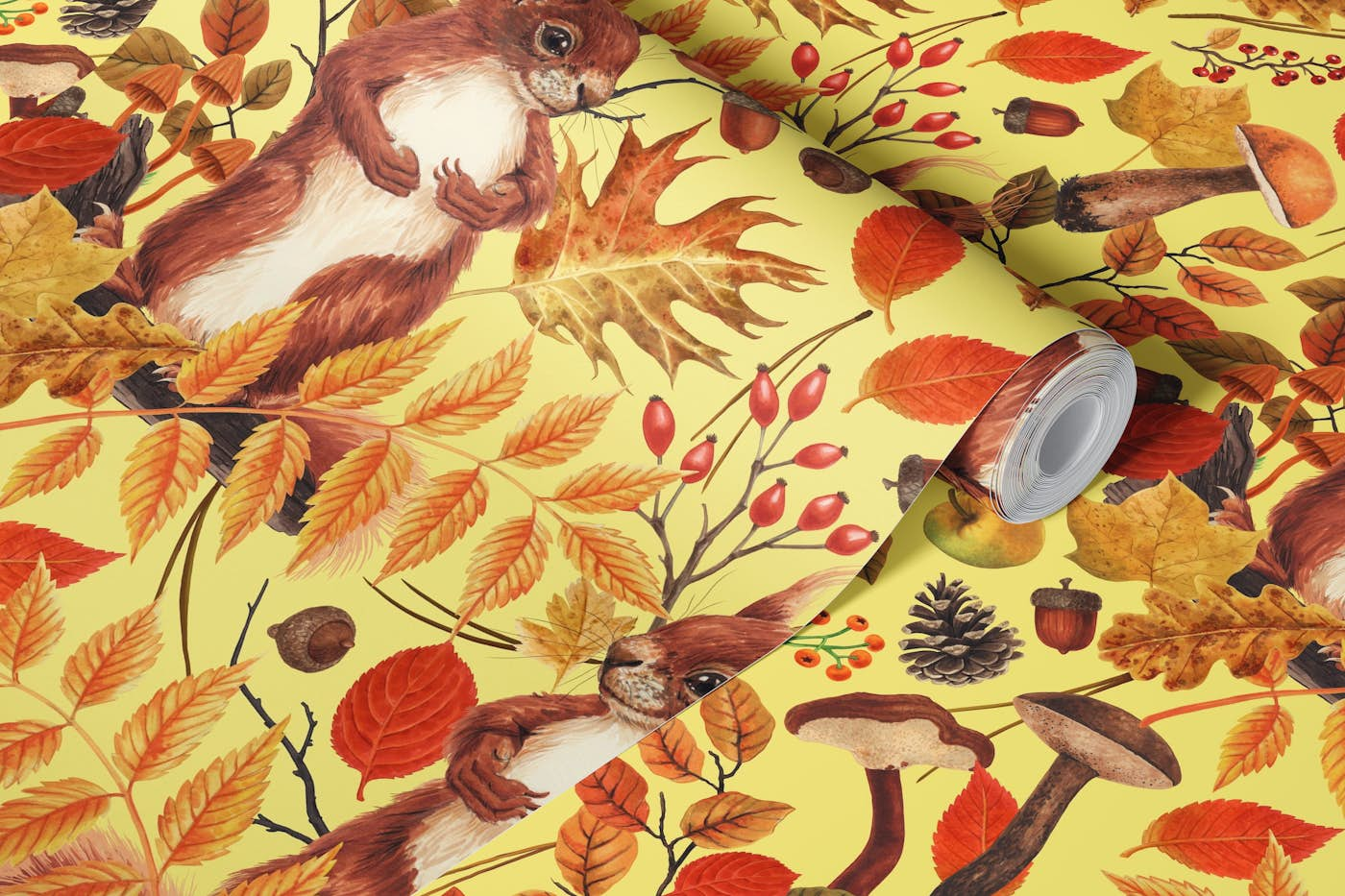 Autumn squirrels flora on yellow wallpaper roll