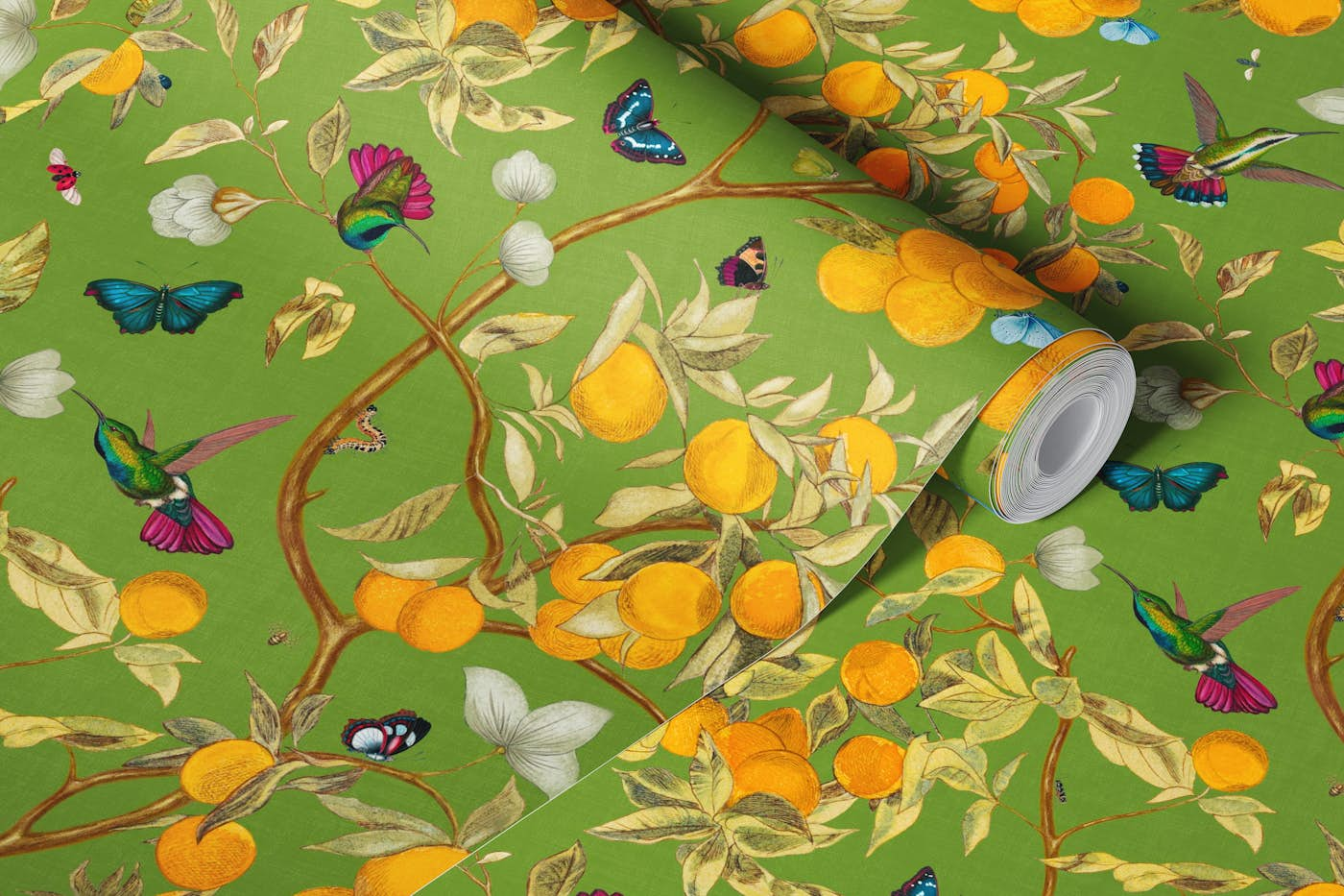 Hummingbirds, lemons and bugs in apple green wallpaper roll