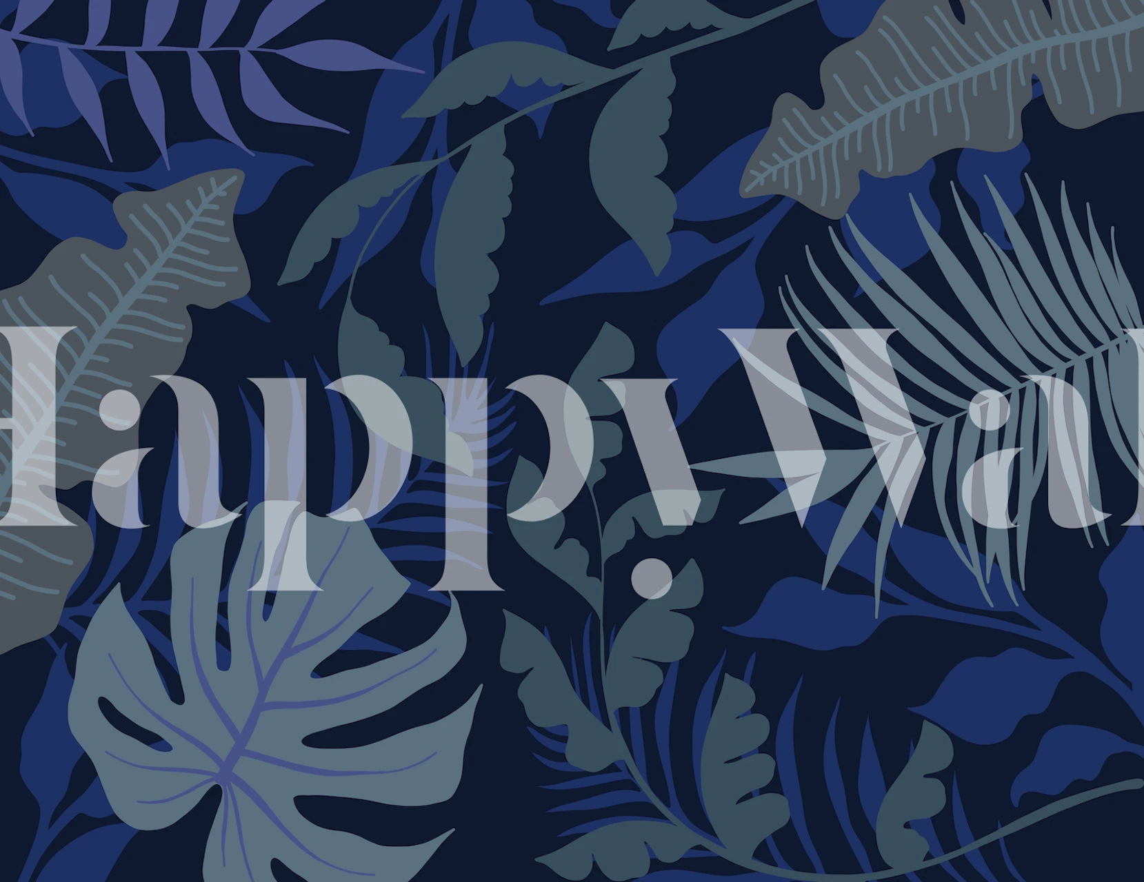 Midnight blue wallpaper with tropical leaves in green and gray tones